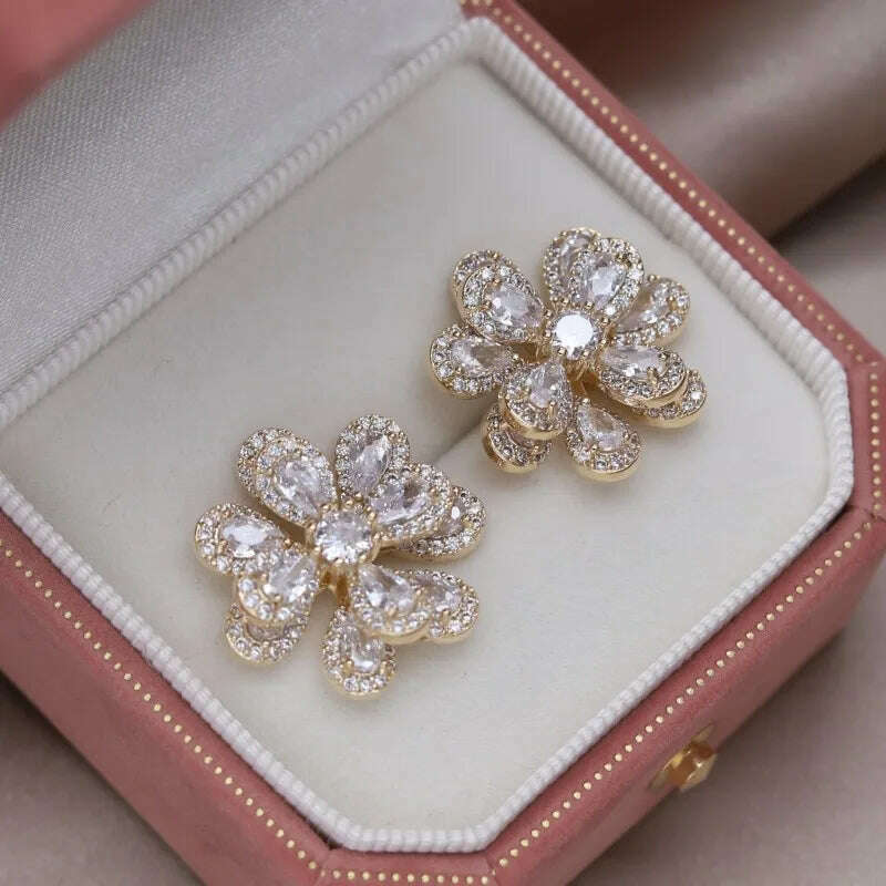 Korea's new fashion jewelry 14K gold plated luxury double-layer color zircon flower earrings elegant women's party accessories - KIMLUD