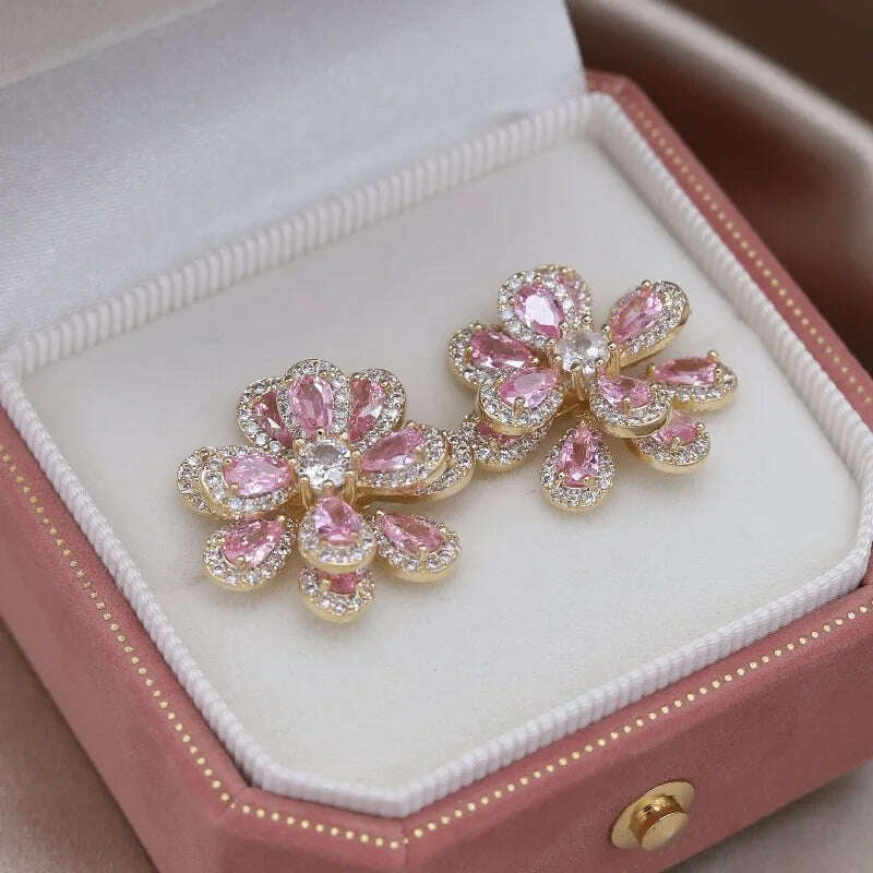 Korea's new fashion jewelry 14K gold plated luxury double-layer color zircon flower earrings elegant women's party accessories - KIMLUD