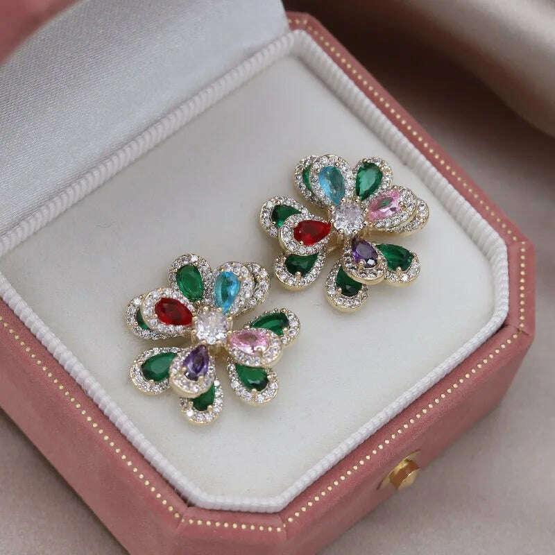Korea's new fashion jewelry 14K gold plated luxury double-layer color zircon flower earrings elegant women's party accessories - KIMLUD