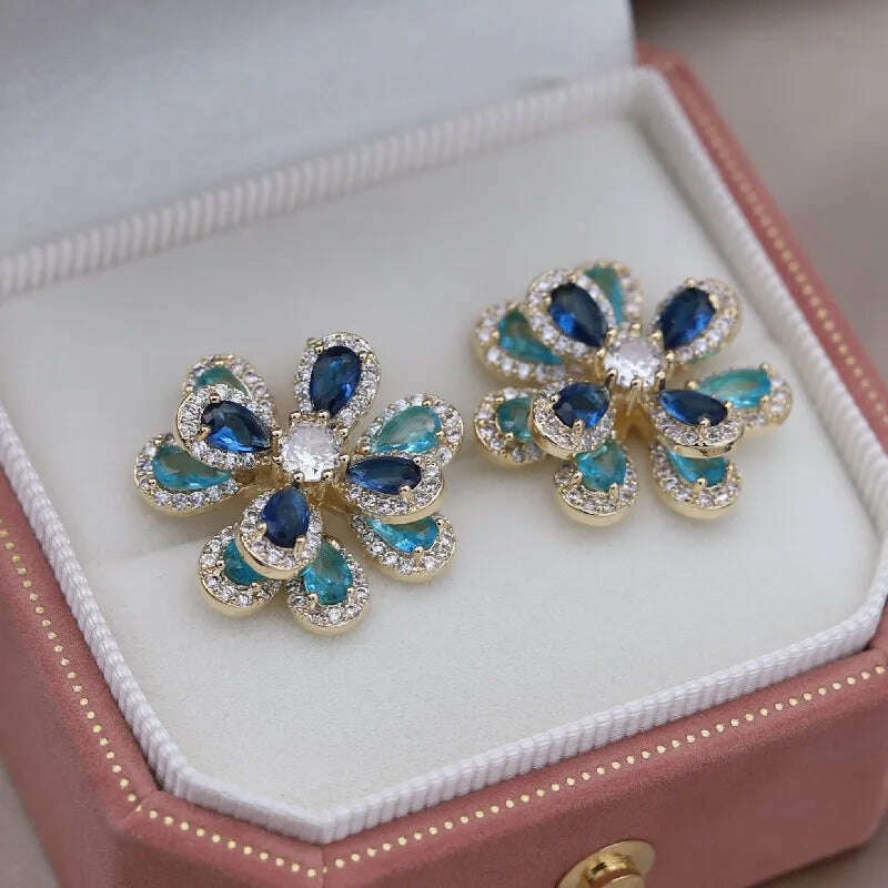 Korea's new fashion jewelry 14K gold plated luxury double-layer color zircon flower earrings elegant women's party accessories - KIMLUD