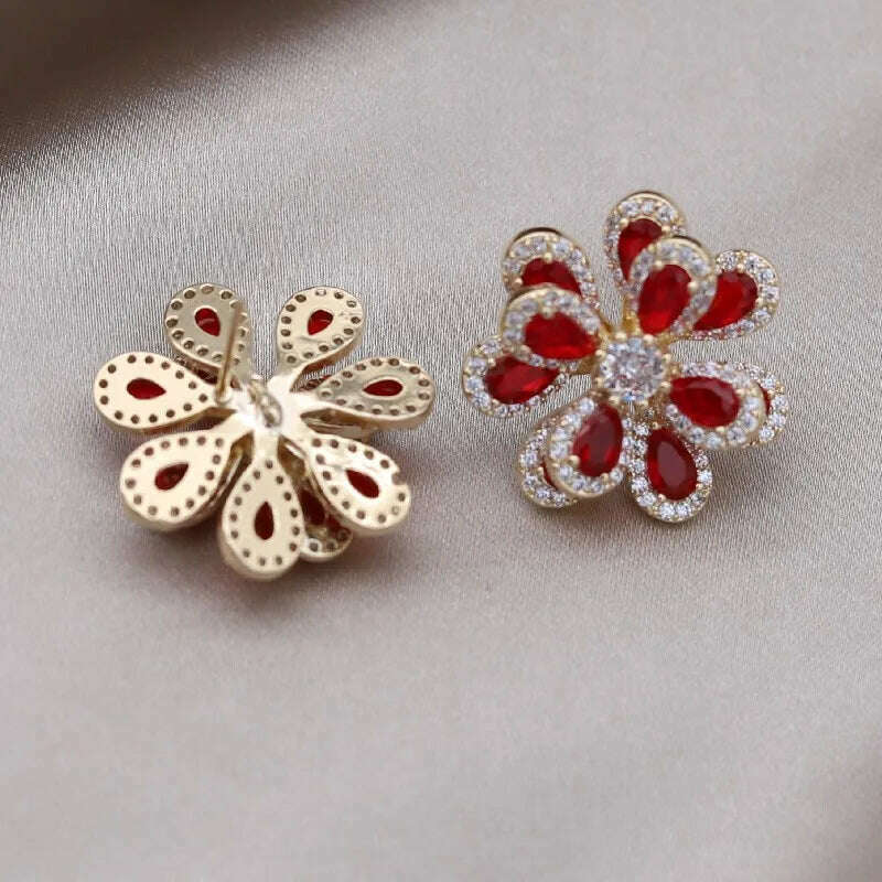 Korea's new fashion jewelry 14K gold plated luxury double-layer color zircon flower earrings elegant women's party accessories - KIMLUD