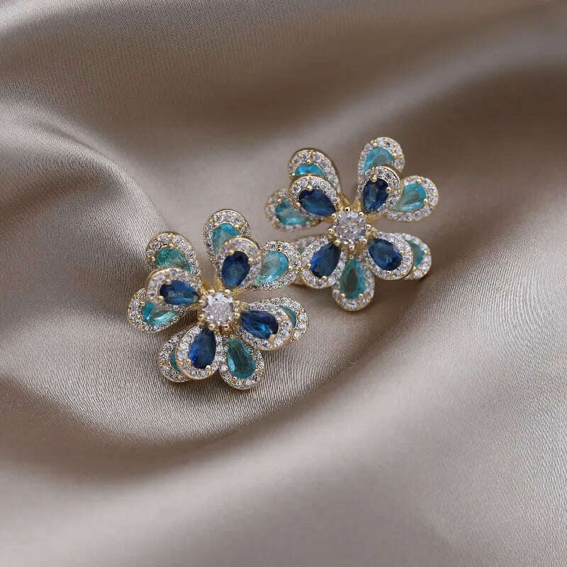 Korea's new fashion jewelry 14K gold plated luxury double-layer color zircon flower earrings elegant women's party accessories - KIMLUD