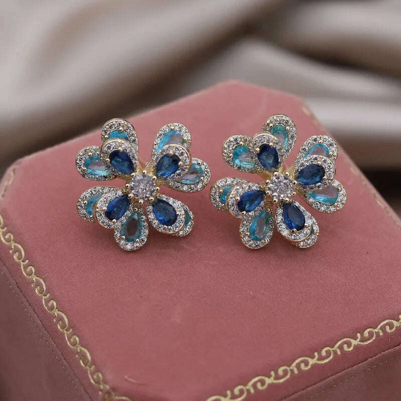 Korea's new fashion jewelry 14K gold plated luxury double-layer color zircon flower earrings elegant women's party accessories - KIMLUD