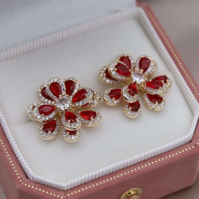 Korea's new fashion jewelry 14K gold plated luxury double-layer color zircon flower earrings elegant women's party accessories - KIMLUD
