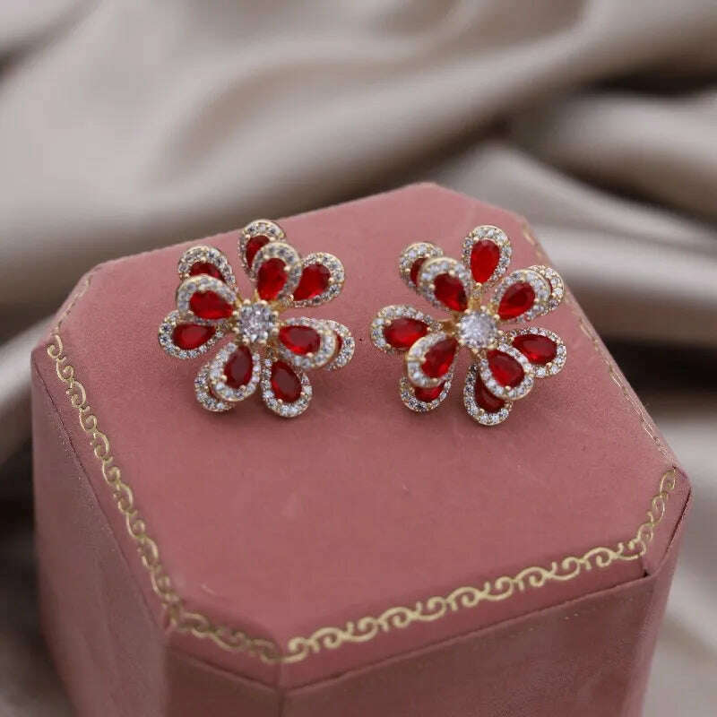 Korea's new fashion jewelry 14K gold plated luxury double-layer color zircon flower earrings elegant women's party accessories - KIMLUD