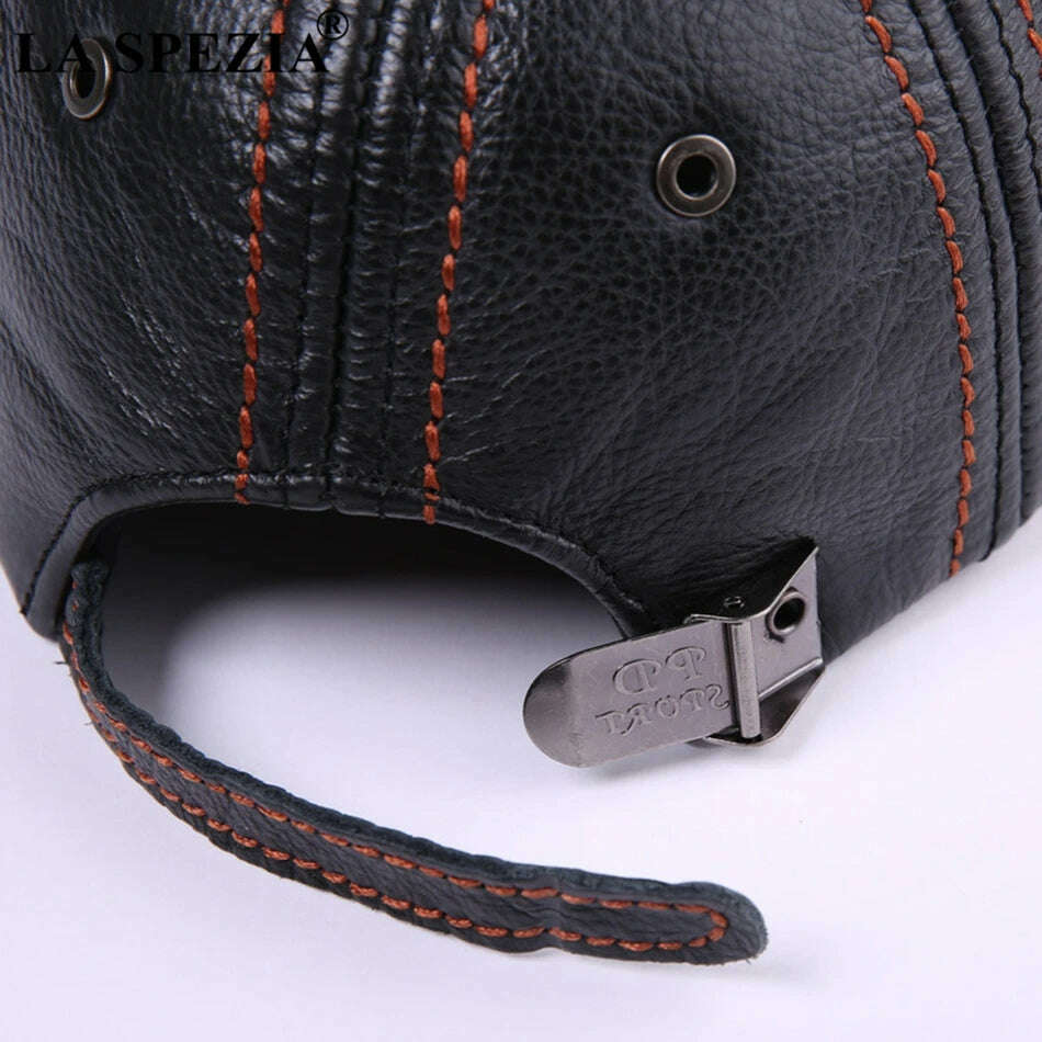 LA SPEZIA Genuine Leather Baseball Cap Men Black Cowhide Hat Snapback Male Adjustable Autumn Winter Real Leather Peaked Hats - KIMLUD