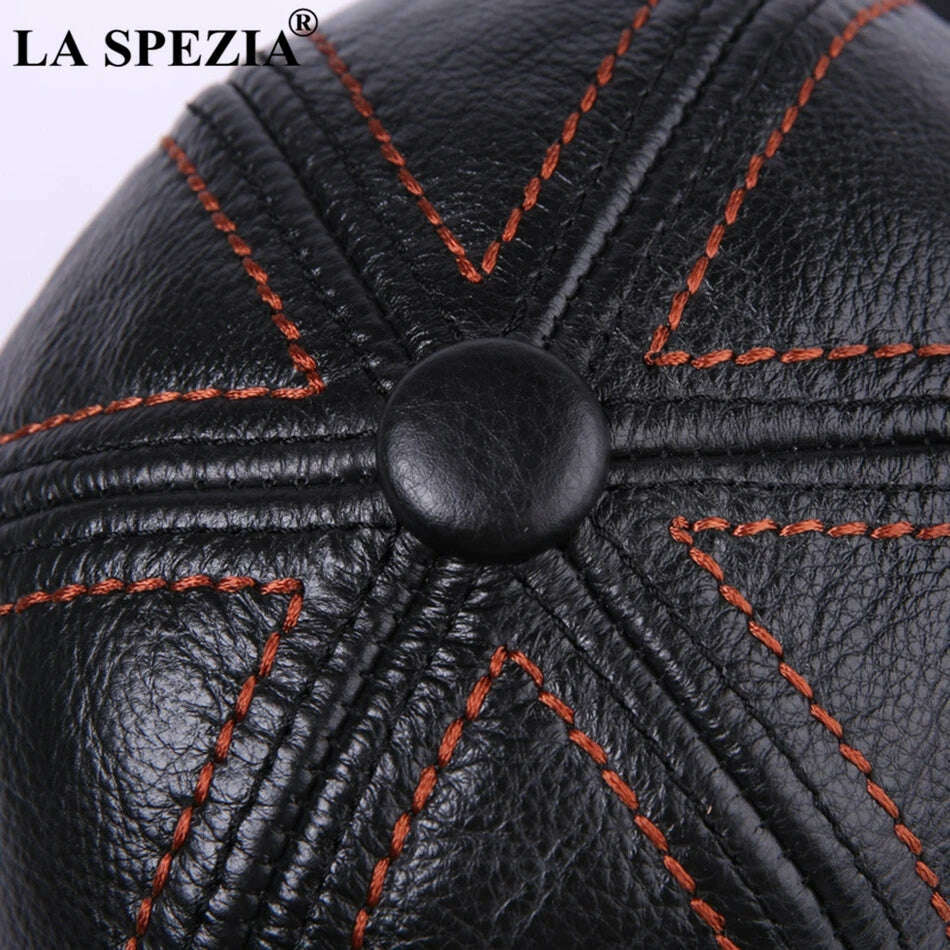 LA SPEZIA Genuine Leather Baseball Cap Men Black Cowhide Hat Snapback Male Adjustable Autumn Winter Real Leather Peaked Hats - KIMLUD
