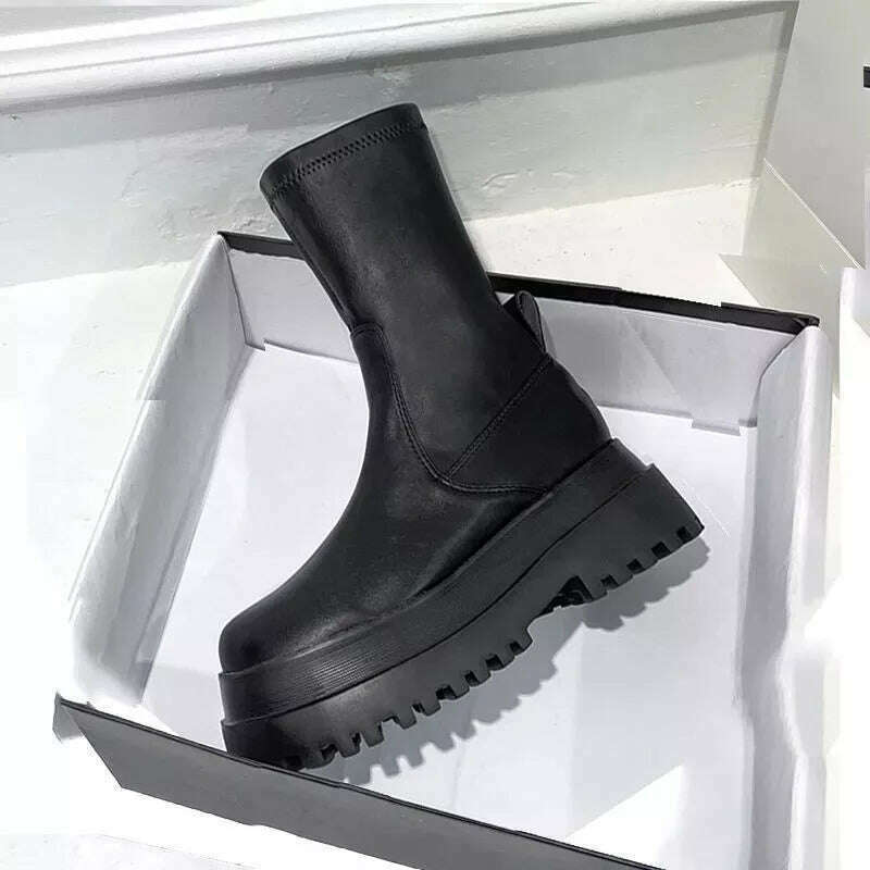 Ladies 2022 Women's Platform Chelsea Black Mid Calf Boots Pipe Autumn Winter Flat Short Leather Rubber Comfortable - KIMLUD