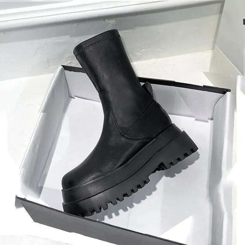 Ladies 2022 Women's Platform Chelsea Black Mid Calf Boots Pipe Autumn Winter Flat Short Leather Rubber Comfortable - KIMLUD