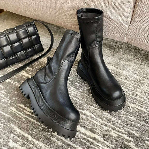 Ladies 2022 Women's Platform Chelsea Black Mid Calf Boots Pipe Autumn Winter Flat Short Leather Rubber Comfortable - KIMLUD