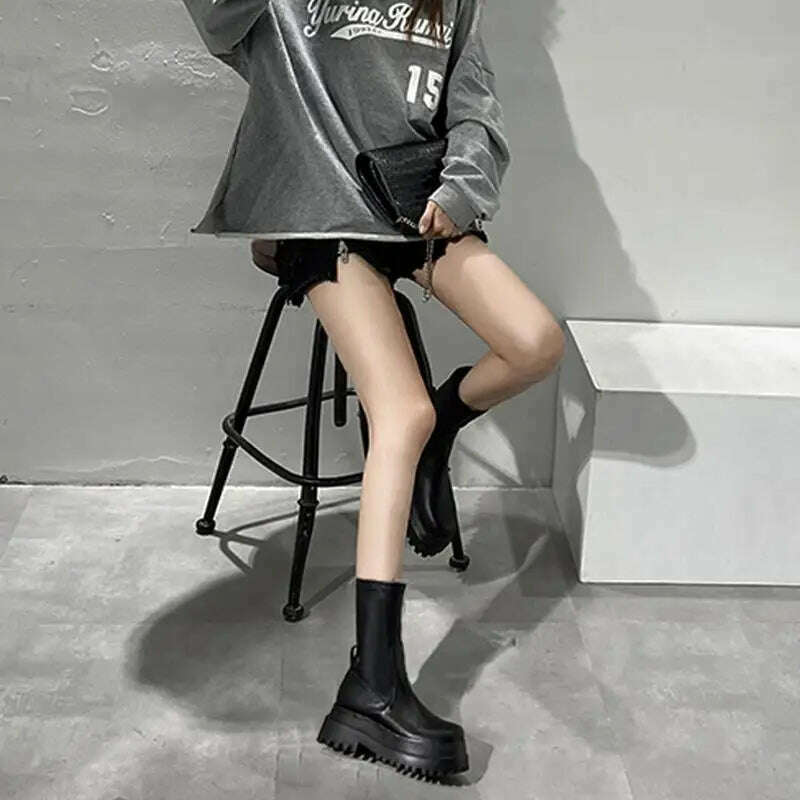 Ladies 2022 Women's Platform Chelsea Black Mid Calf Boots Pipe Autumn Winter Flat Short Leather Rubber Comfortable - KIMLUD
