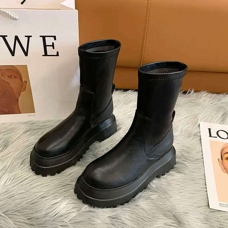Ladies 2022 Women's Platform Chelsea Black Mid Calf Boots Pipe Autumn Winter Flat Short Leather Rubber Comfortable - KIMLUD