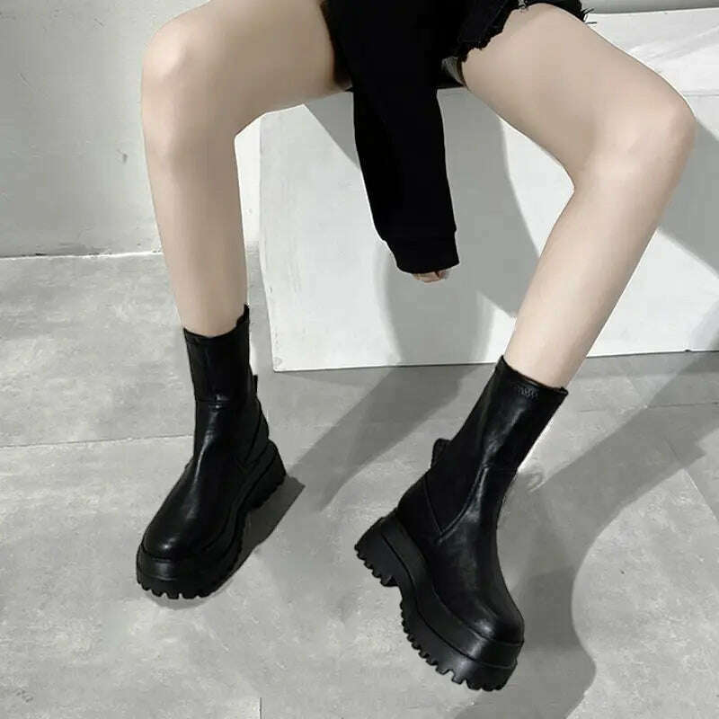 Ladies 2022 Women's Platform Chelsea Black Mid Calf Boots Pipe Autumn Winter Flat Short Leather Rubber Comfortable - KIMLUD