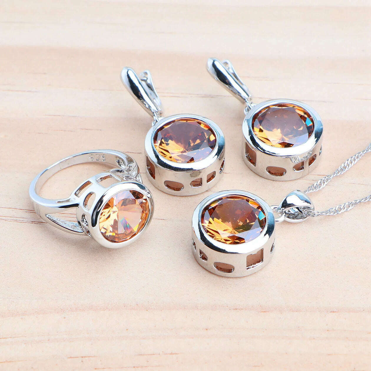 Ladies 925 Silver Jewelry Sets Champagne Zircon For Women Wedding Jewelry Rings Bracelets Stones Earrings Pendant Necklace Set - KIMLUD