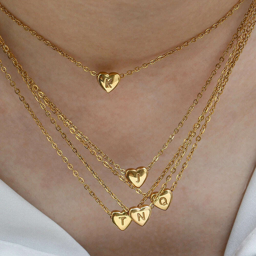 Ladies Minimalist Small Love Initial Necklace Jewelry Stainless Steel 18k Gold Plated Mini Heart Shape Letter Pendant Necklace - KIMLUD