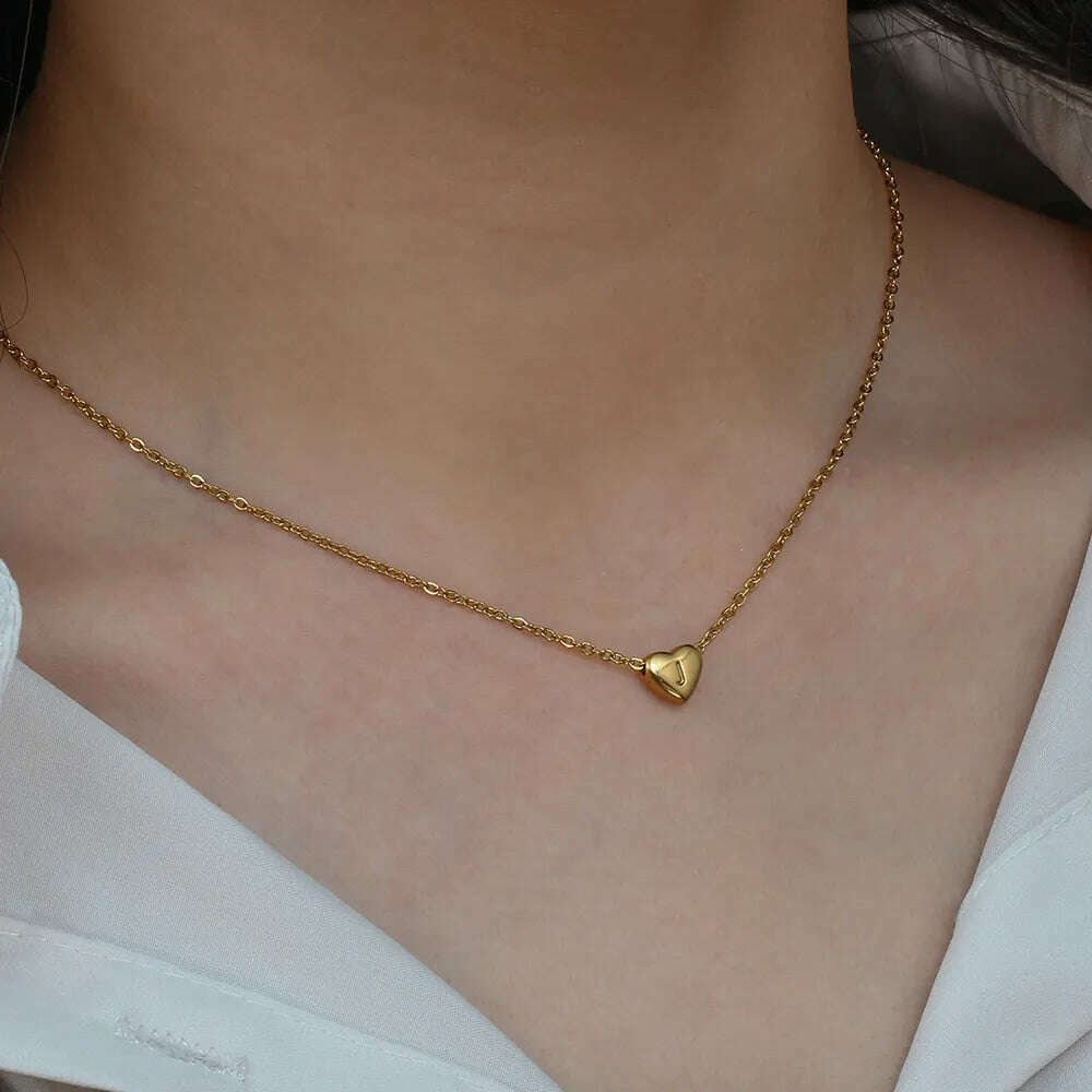 Ladies Minimalist Small Love Initial Necklace Jewelry Stainless Steel 18k Gold Plated Mini Heart Shape Letter Pendant Necklace - KIMLUD