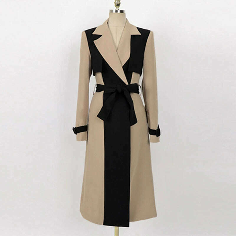 LANMREM Elegant Notched Collar Lady Patchwork Windbreaker Full Sleeve Buttons Belted Women Long Trench Coats 2023 Winter 2W1922 - KIMLUD