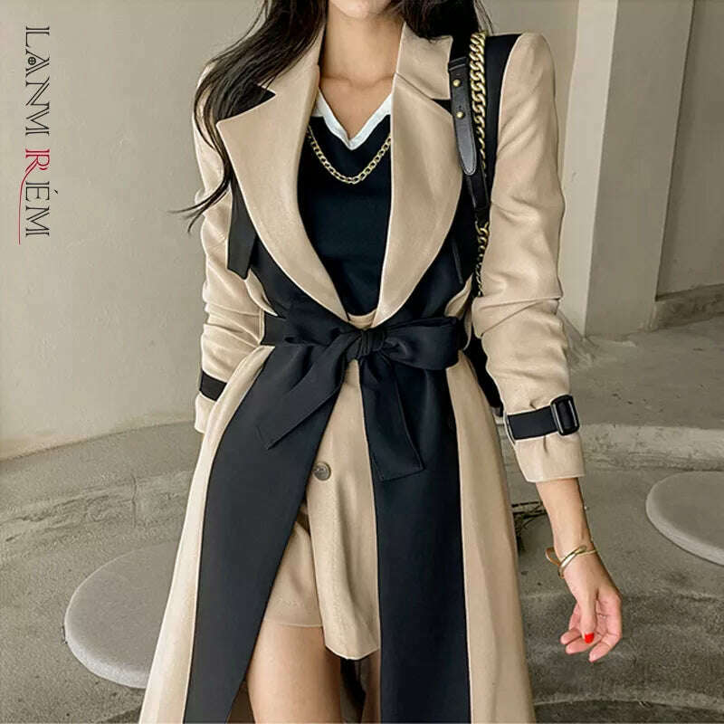 LANMREM Elegant Notched Collar Lady Patchwork Windbreaker Full Sleeve Buttons Belted Women Long Trench Coats 2023 Winter 2W1922 - KIMLUD