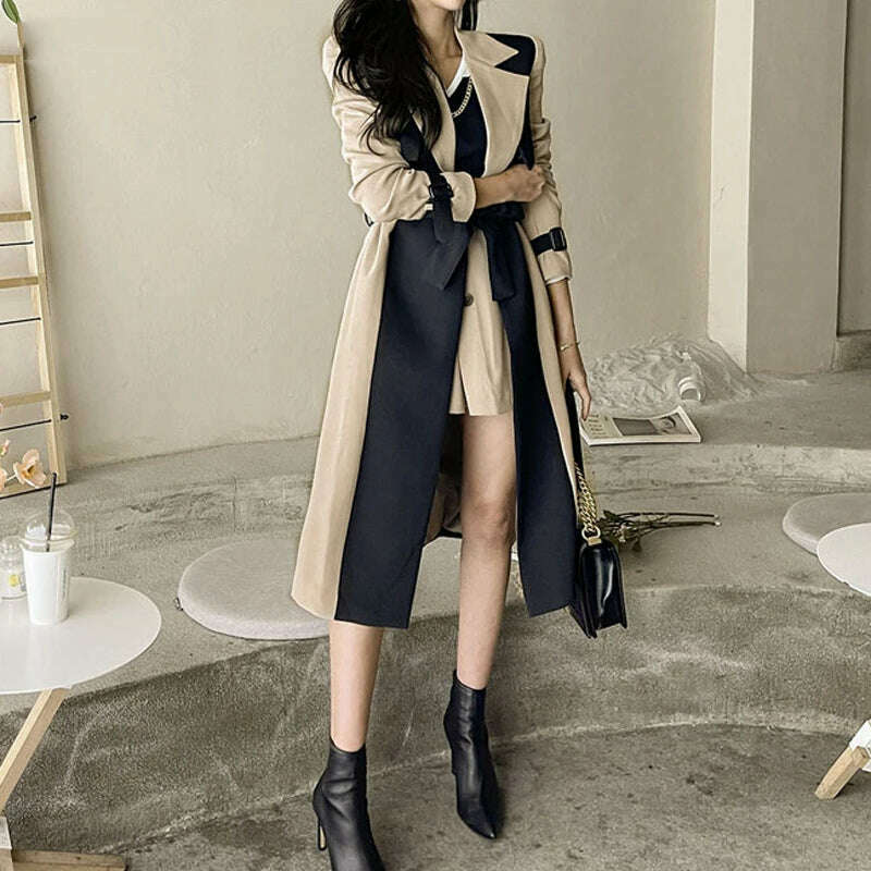 LANMREM Elegant Notched Collar Lady Patchwork Windbreaker Full Sleeve Buttons Belted Women Long Trench Coats 2023 Winter 2W1922 - KIMLUD