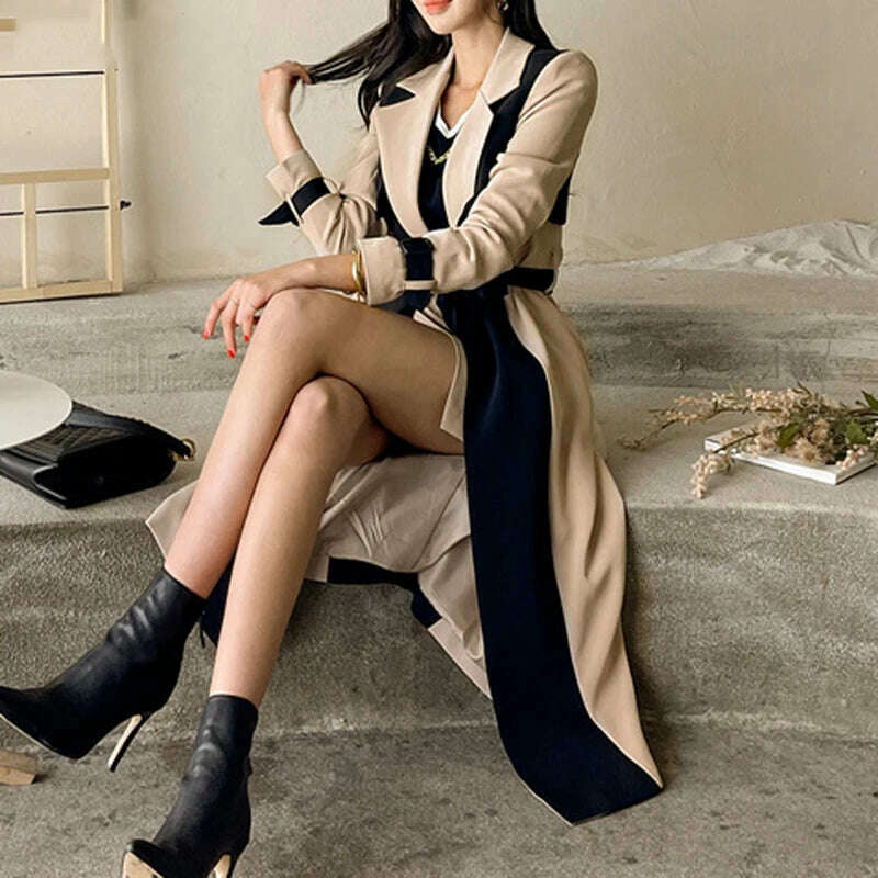 LANMREM Elegant Notched Collar Lady Patchwork Windbreaker Full Sleeve Buttons Belted Women Long Trench Coats 2023 Winter 2W1922 - KIMLUD