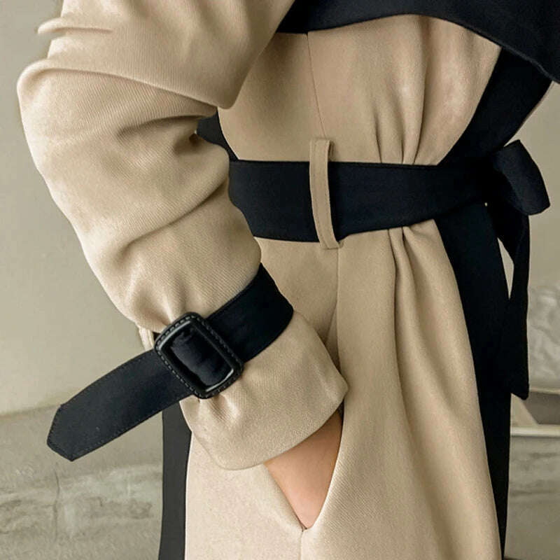 LANMREM Elegant Notched Collar Lady Patchwork Windbreaker Full Sleeve Buttons Belted Women Long Trench Coats 2023 Winter 2W1922 - KIMLUD