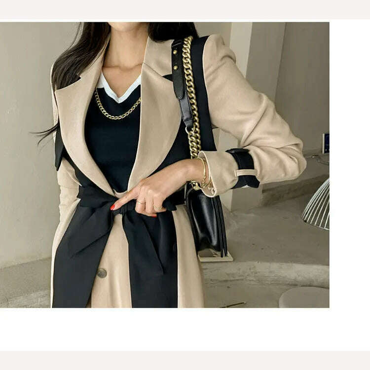 LANMREM Elegant Notched Collar Lady Patchwork Windbreaker Full Sleeve Buttons Belted Women Long Trench Coats 2023 Winter 2W1922 - KIMLUD