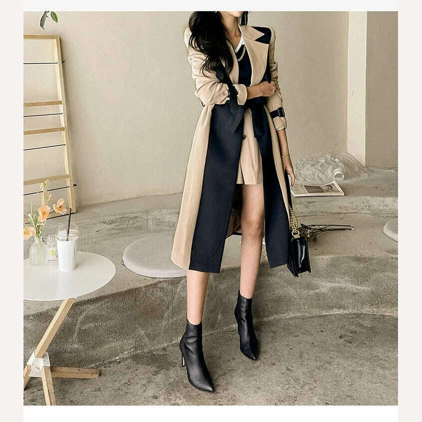 LANMREM Elegant Notched Collar Lady Patchwork Windbreaker Full Sleeve Buttons Belted Women Long Trench Coats 2023 Winter 2W1922 - KIMLUD
