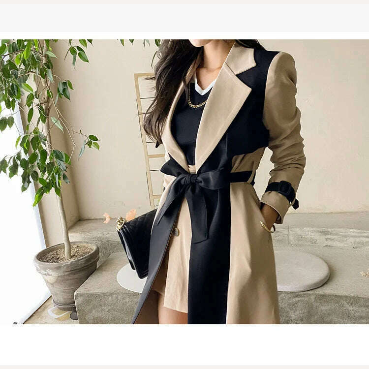 LANMREM Elegant Notched Collar Lady Patchwork Windbreaker Full Sleeve Buttons Belted Women Long Trench Coats 2023 Winter 2W1922 - KIMLUD