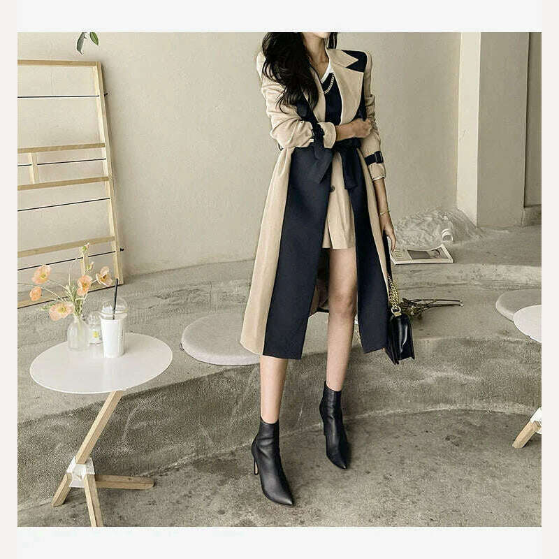 LANMREM Elegant Notched Collar Lady Patchwork Windbreaker Full Sleeve Buttons Belted Women Long Trench Coats 2023 Winter 2W1922 - KIMLUD