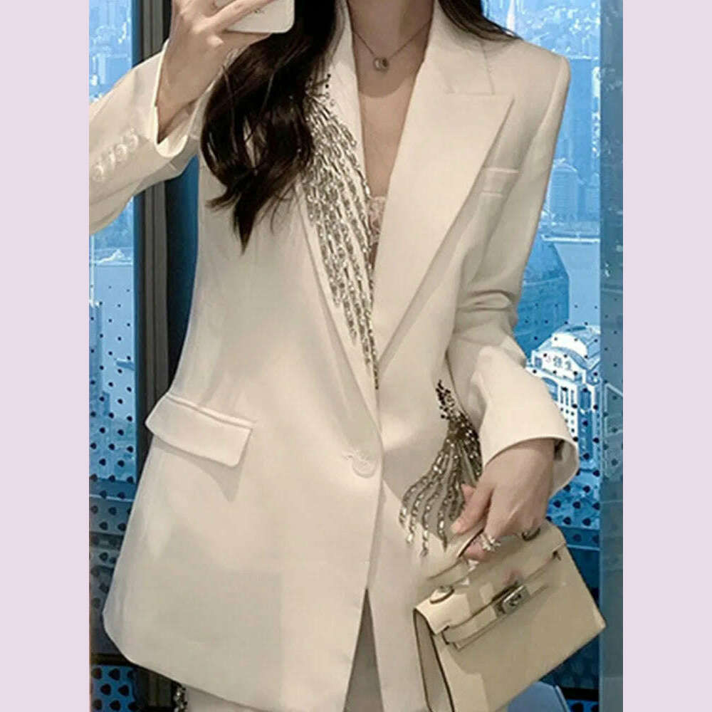 KIMLUD, LANMREM Elegant Women's Blazer Coat New Fashion Notched Single Breasted Beading Flares Design Office Lady Clothing 2DC1366, KIMLUD Womens Clothes