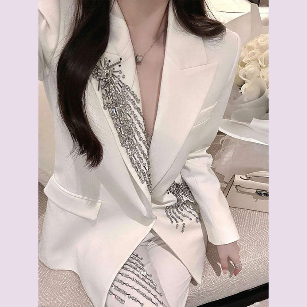 KIMLUD, LANMREM Elegant Women's Blazer Coat New Fashion Notched Single Breasted Beading Flares Design Office Lady Clothing 2DC1366, White / XS, KIMLUD APPAREL - Womens Clothes