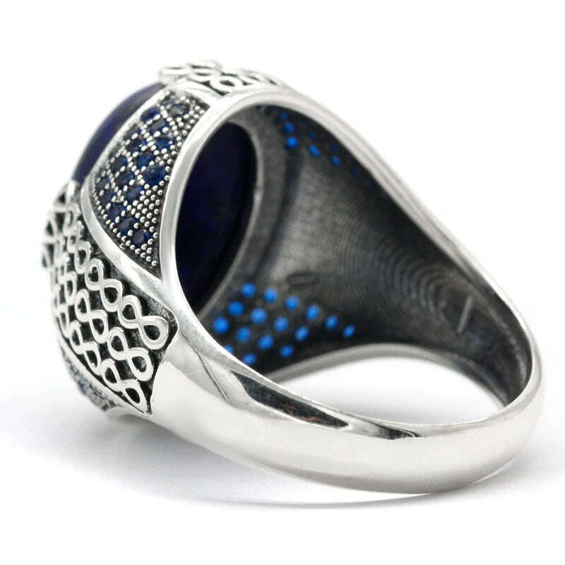 Lapis Lazuli Stone for Men 925 Sterling Silver Blue Stone Vintage Stripe Ring Turkish Thai Silver Jewelry for Male Women Gift - KIMLUD