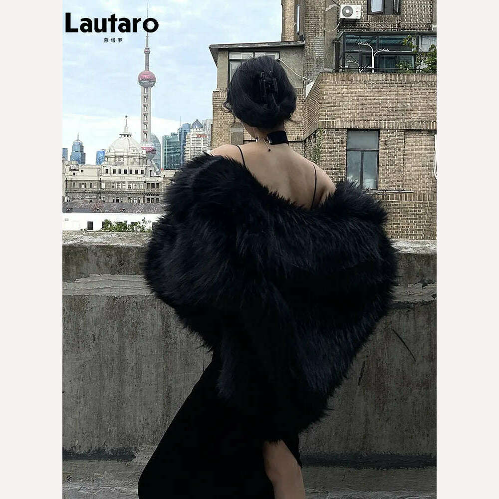 Lautaro Winter Cool Oversized Casual Soft Thick Warm Black Hariy Shaggy Faux Fur Coat Women Turn-down Collar Fluffy Jacket 2023 - KIMLUD