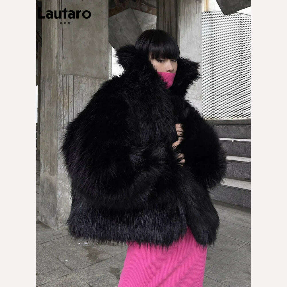Lautaro Winter Cool Oversized Casual Soft Thick Warm Black Hariy Shaggy Faux Fur Coat Women Turn-down Collar Fluffy Jacket 2023 - KIMLUD