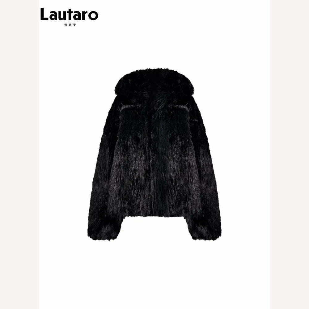 Lautaro Winter Cool Oversized Casual Soft Thick Warm Black Hariy Shaggy Faux Fur Coat Women Turn-down Collar Fluffy Jacket 2023 - KIMLUD