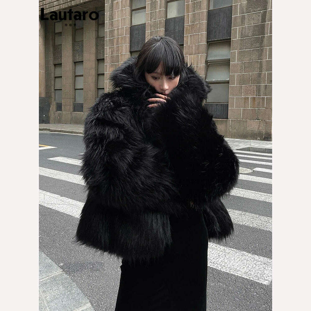 Lautaro Winter Cool Oversized Casual Soft Thick Warm Black Hariy Shaggy Faux Fur Coat Women Turn-down Collar Fluffy Jacket 2023 - KIMLUD