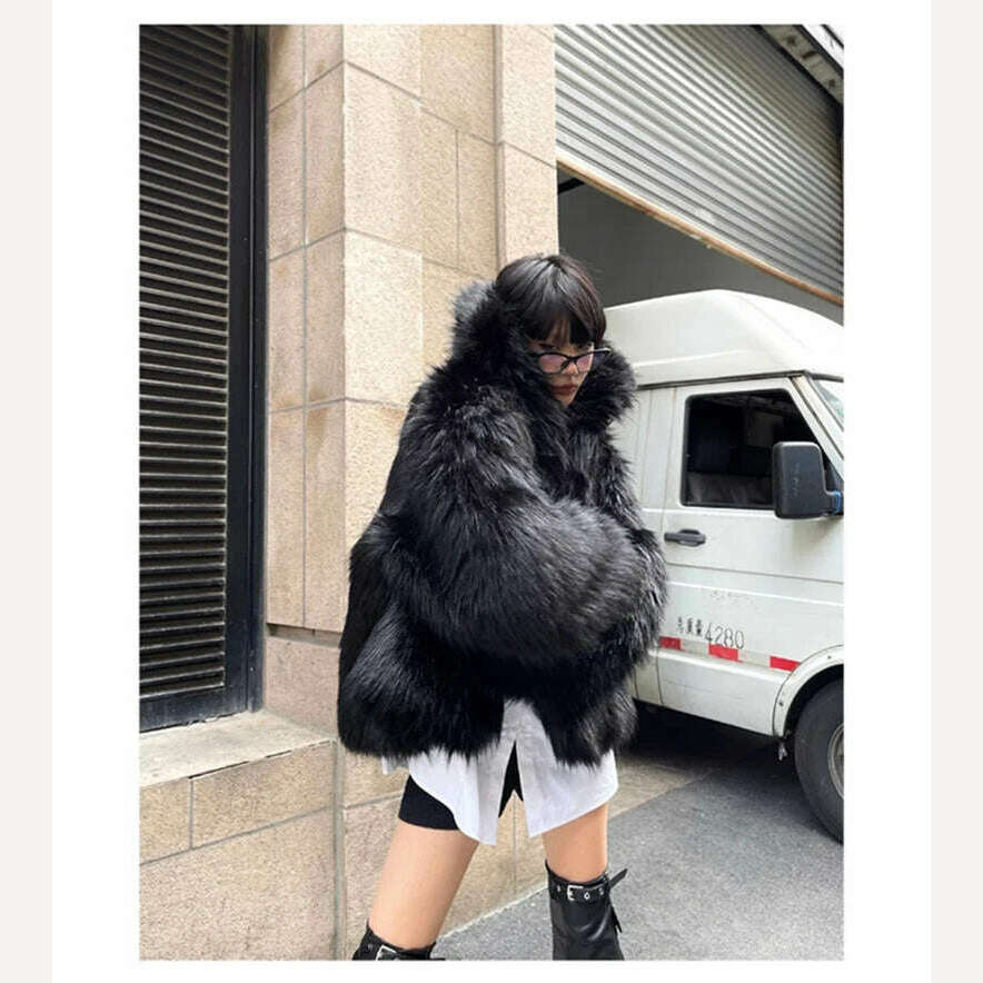 Lautaro Winter Cool Oversized Casual Soft Thick Warm Black Hariy Shaggy Faux Fur Coat Women Turn-down Collar Fluffy Jacket 2023 - KIMLUD