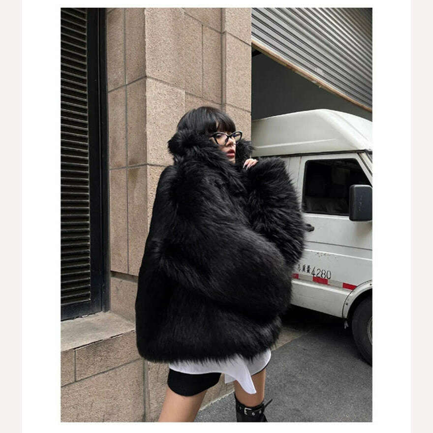 Lautaro Winter Cool Oversized Casual Soft Thick Warm Black Hariy Shaggy Faux Fur Coat Women Turn-down Collar Fluffy Jacket 2023 - KIMLUD