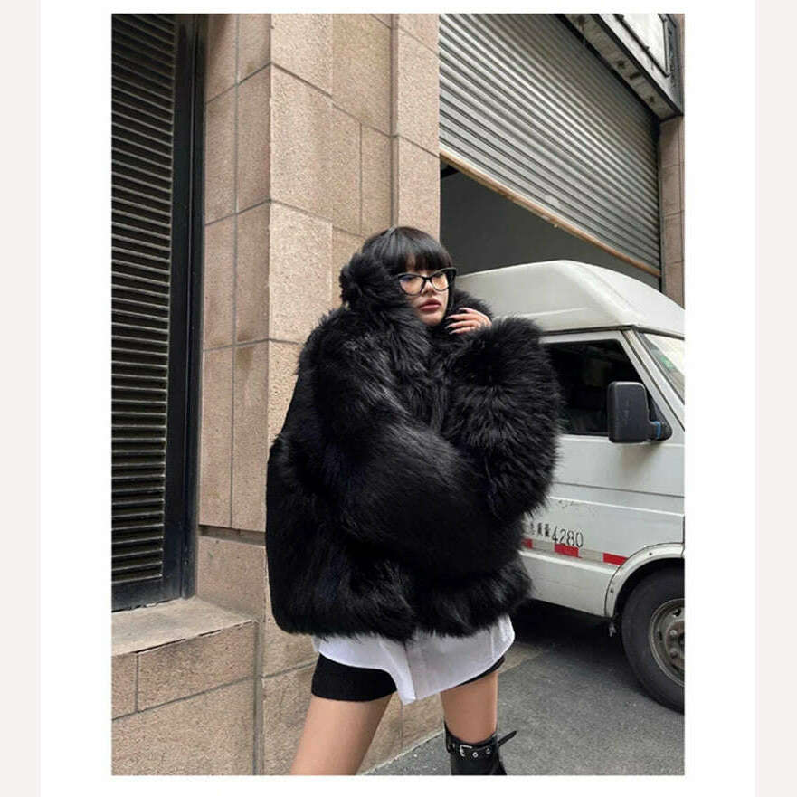 Lautaro Winter Cool Oversized Casual Soft Thick Warm Black Hariy Shaggy Faux Fur Coat Women Turn-down Collar Fluffy Jacket 2023 - KIMLUD