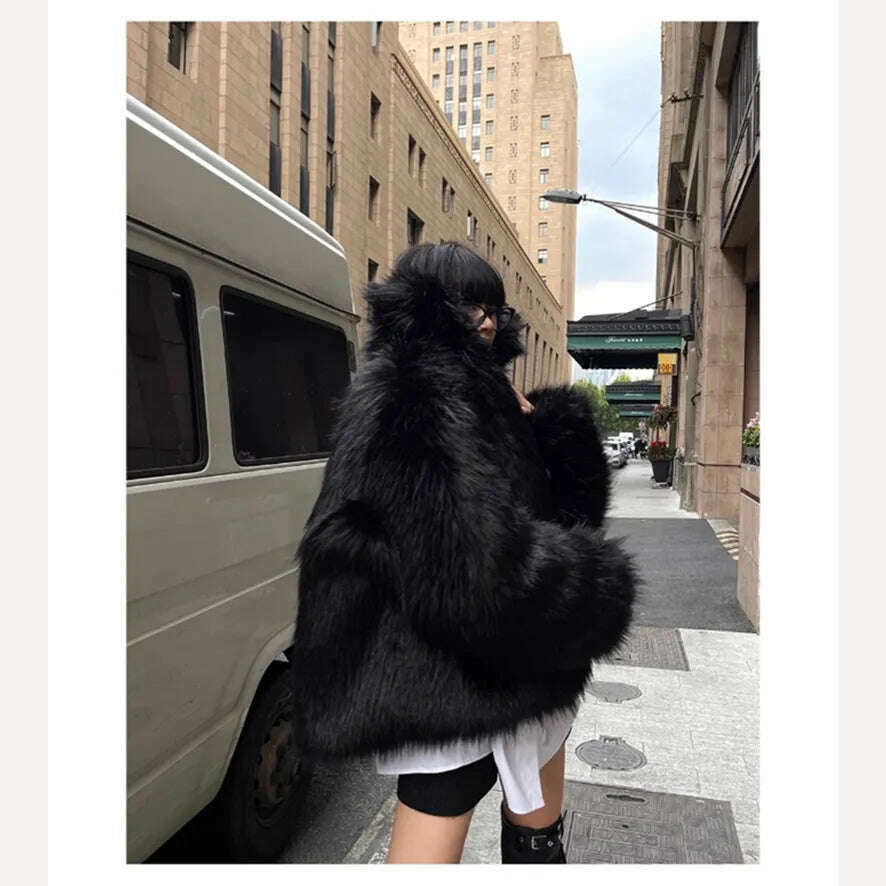 Lautaro Winter Cool Oversized Casual Soft Thick Warm Black Hariy Shaggy Faux Fur Coat Women Turn-down Collar Fluffy Jacket 2023 - KIMLUD