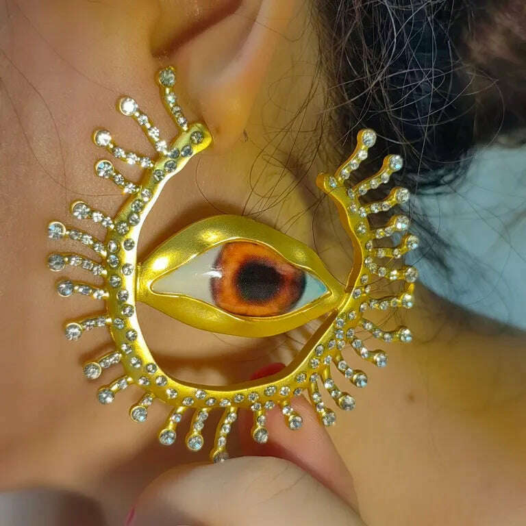 Lifefontier Vintage Full Rhinestone Devil's Eye Hoop Earrings For Women New Asymmetric Alien Pupil Big Earring Party Jewelry - KIMLUD