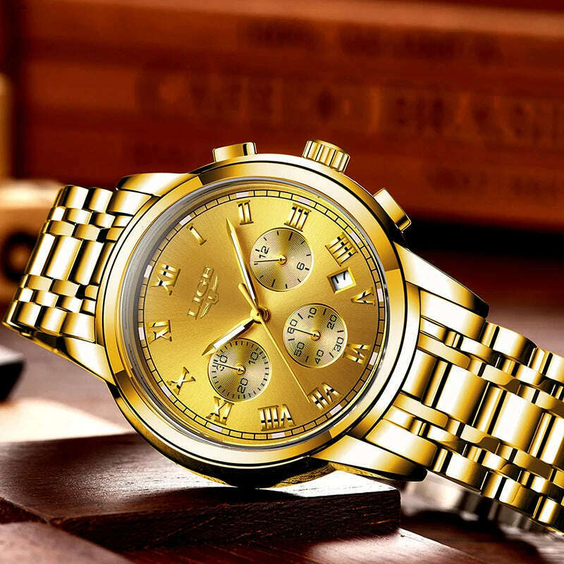 LIGE Mens Watches Top Brand Luxury Fashion Quartz Gold Watch Men's Business Stainless Steel Waterproof Clock Relogio Masculino - KIMLUD