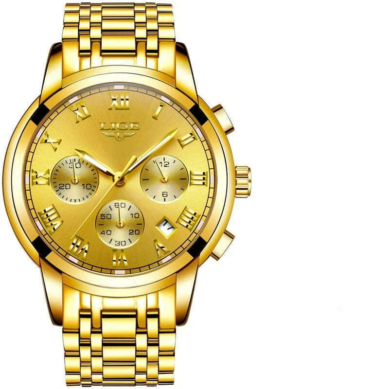 LIGE Mens Watches Top Brand Luxury Fashion Quartz Gold Watch Men's Business Stainless Steel Waterproof Clock Relogio Masculino - KIMLUD