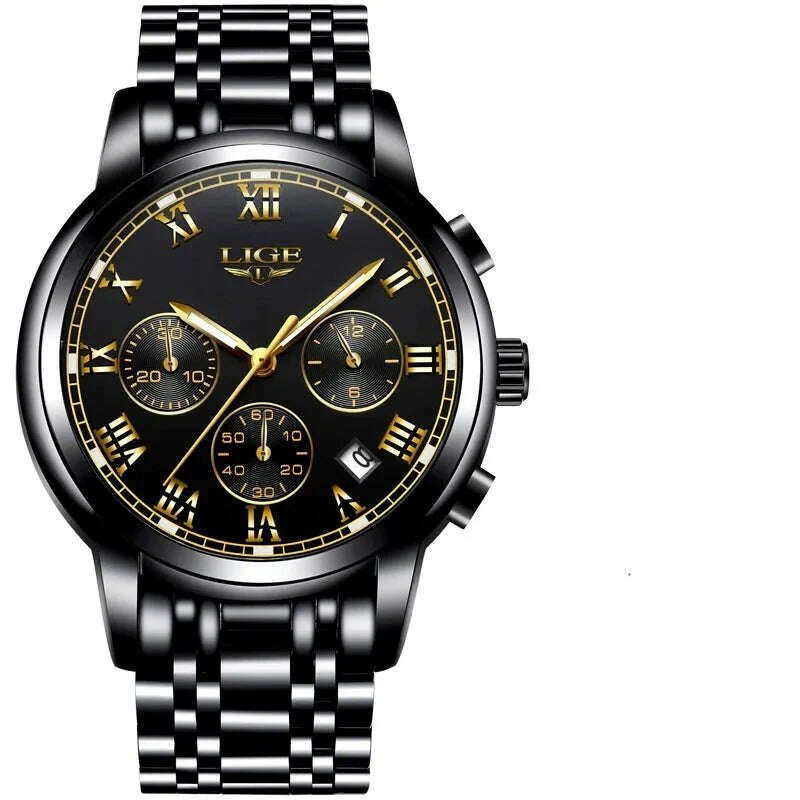 LIGE Mens Watches Top Brand Luxury Fashion Quartz Gold Watch Men's Business Stainless Steel Waterproof Clock Relogio Masculino - KIMLUD