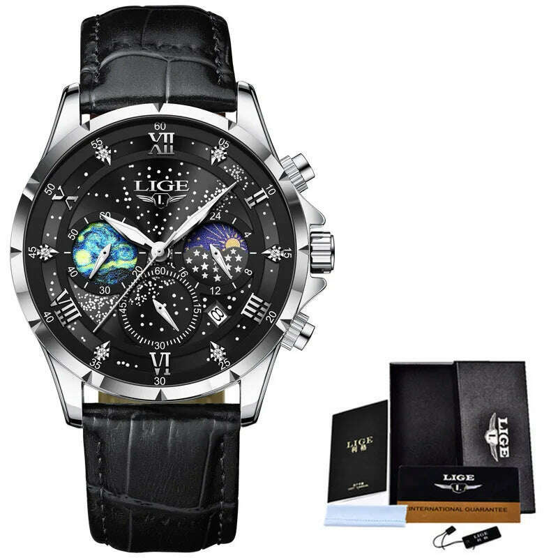 LIGE New Black Leather Watch For Men Fashion Business Watch Men Sport Military Waterproof Men Quartz Wristwatches Reloj Hombre - KIMLUD