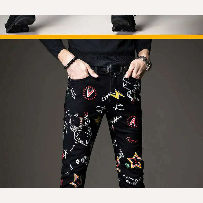 Light Luxury Men’s Slim-fit Stretch Jeans,Full Print Trendy Casual Denim Pants, Hip Hop Street Fashion Noble Black Jeans Pants; - KIMLUD