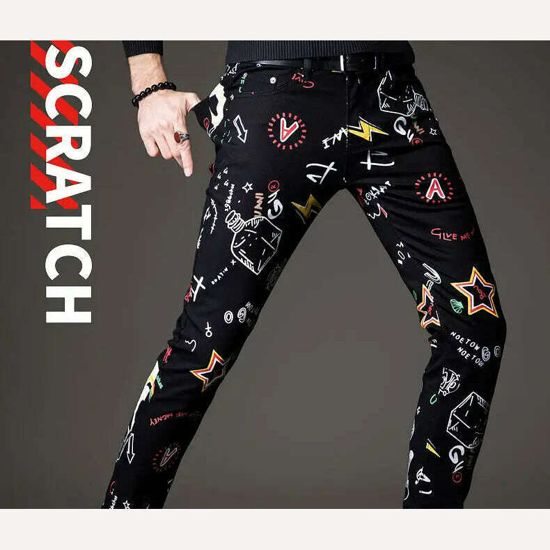 Light Luxury Men’s Slim-fit Stretch Jeans,Full Print Trendy Casual Denim Pants, Hip Hop Street Fashion Noble Black Jeans Pants; - KIMLUD
