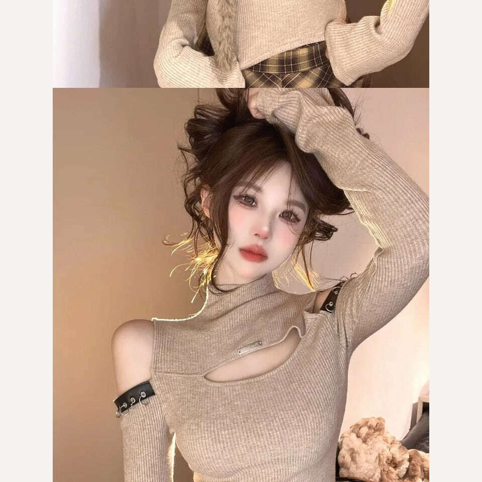 Long Sleeve T-shirts Women Hollow Out Spliced Slim-fit Sexy Autumn Turtleneck All-match Off Shoulder Hot Girls Streetwear Soft - KIMLUD