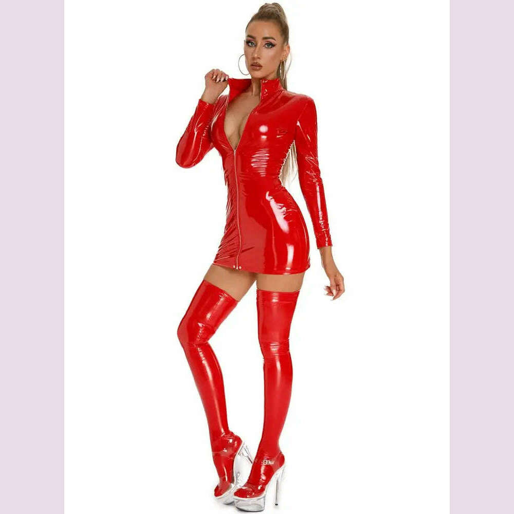 Long Sleeve Wet Look PVC Vestido Front Zipper Shiny PU Leather Hot Dress Tight Package Hip Minifalda Sexy Dresses Miniskirt Robe - KIMLUD