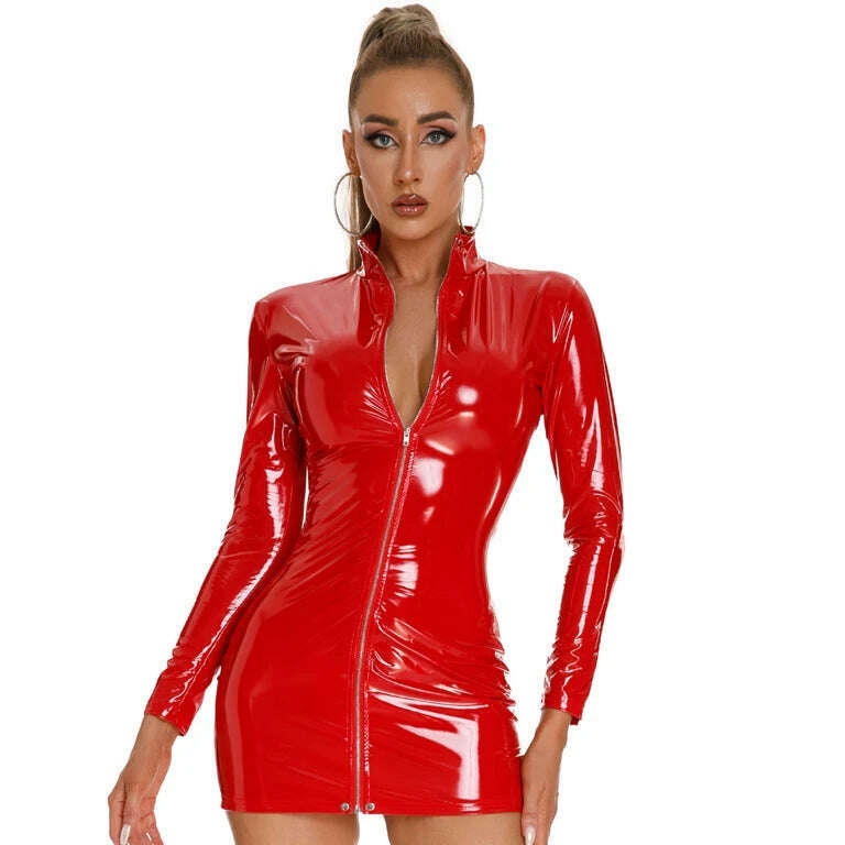 Long Sleeve Wet Look PVC Vestido Front Zipper Shiny PU Leather Hot Dress Tight Package Hip Minifalda Sexy Dresses Miniskirt Robe - KIMLUD